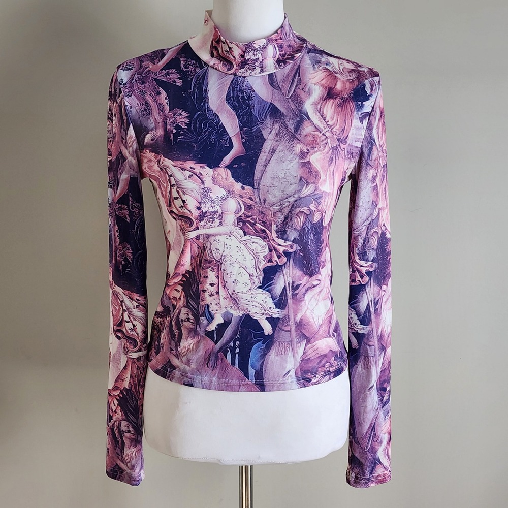 Renaissance Art Mock Neck SFP Swim Top Womens Small Purple Graphic Long Sleeve